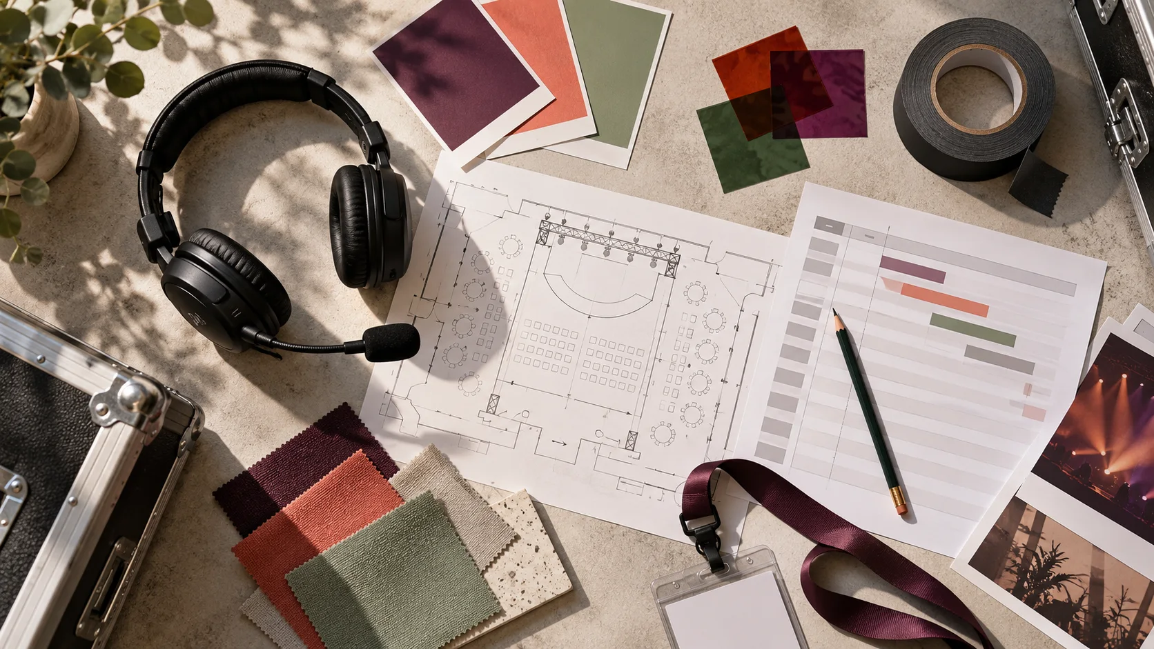 Event production desk with plans and headset